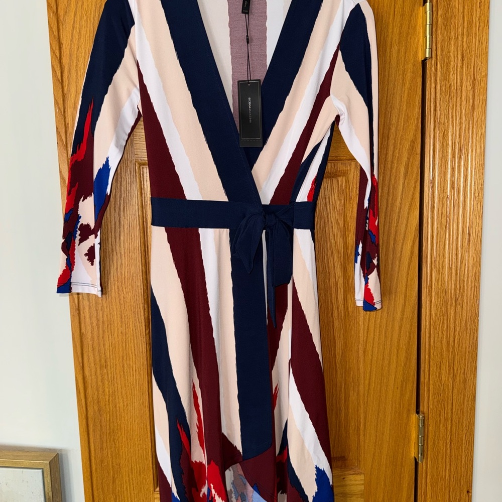 BCBG Paris Navy and Burgundy Long Sleeve Dress